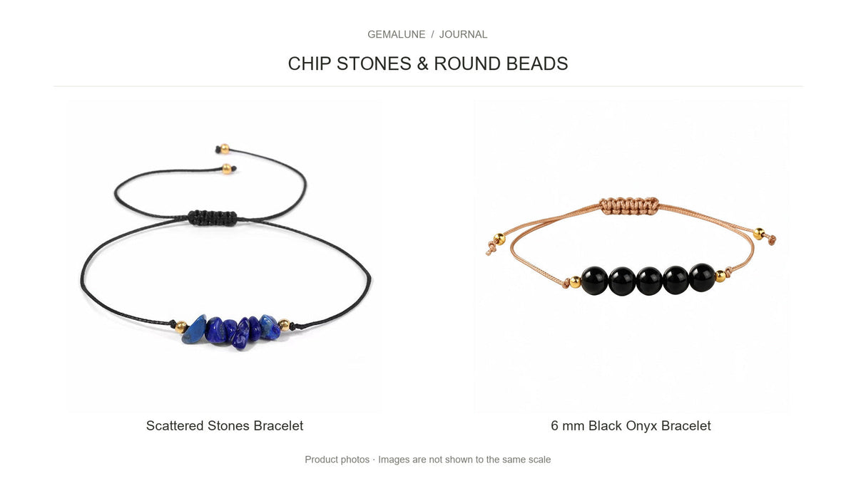 Blue chip stone cord bracelet beside a black round-bead cord bracelet, shown for shape comparison rather than actual scale.