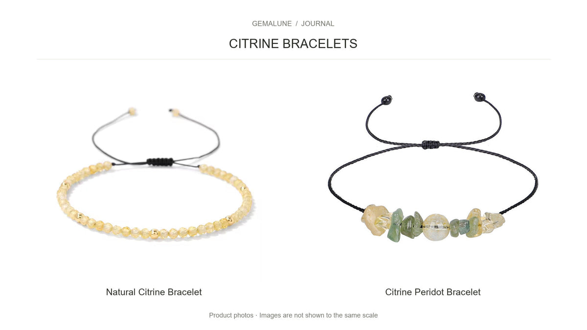 Round-bead citrine bracelet beside a citrine and peridot chip bracelet, using Gemalune product photos.