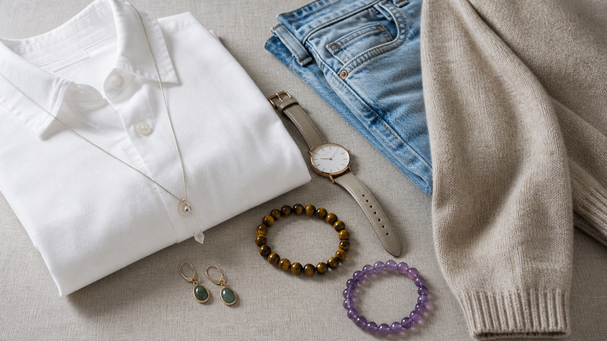 Natural stone jewelry styled with simple everyday clothing