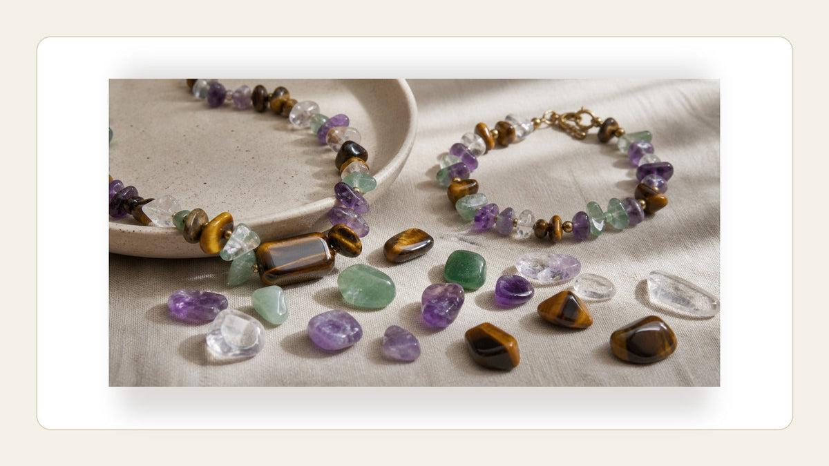 Natural stone jewelry photographed in soft daylight for a ring size guide
