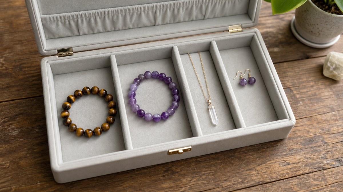 Natural stone necklaces bracelets and earrings stored in separate soft compartments