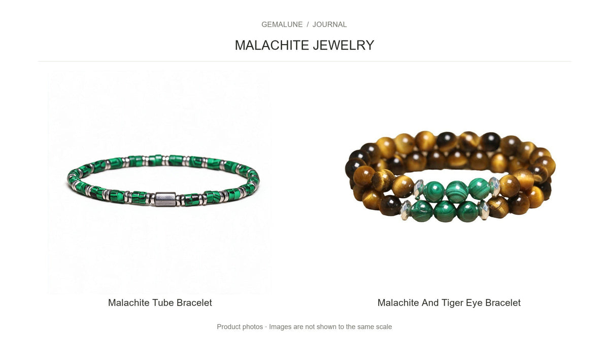Gemalune malachite tube bracelet beside a malachite and tiger eye bead bracelet.