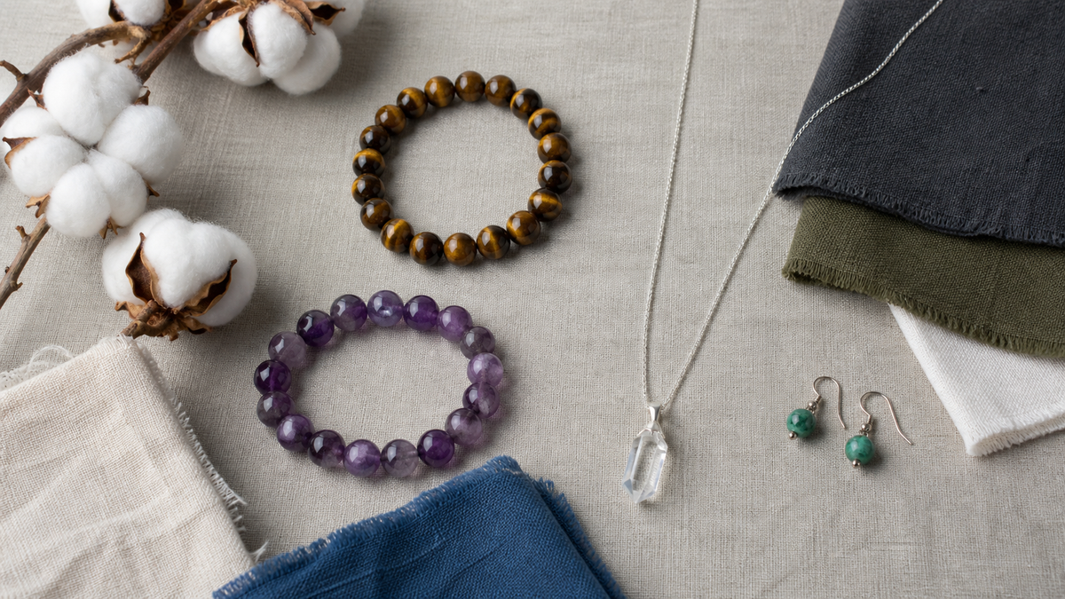 Natural stone jewelry arranged with neutral and colorful clothing fabrics