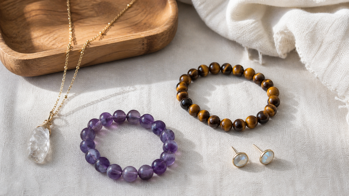 Natural stone jewelry pieces arranged in a coordinated collection