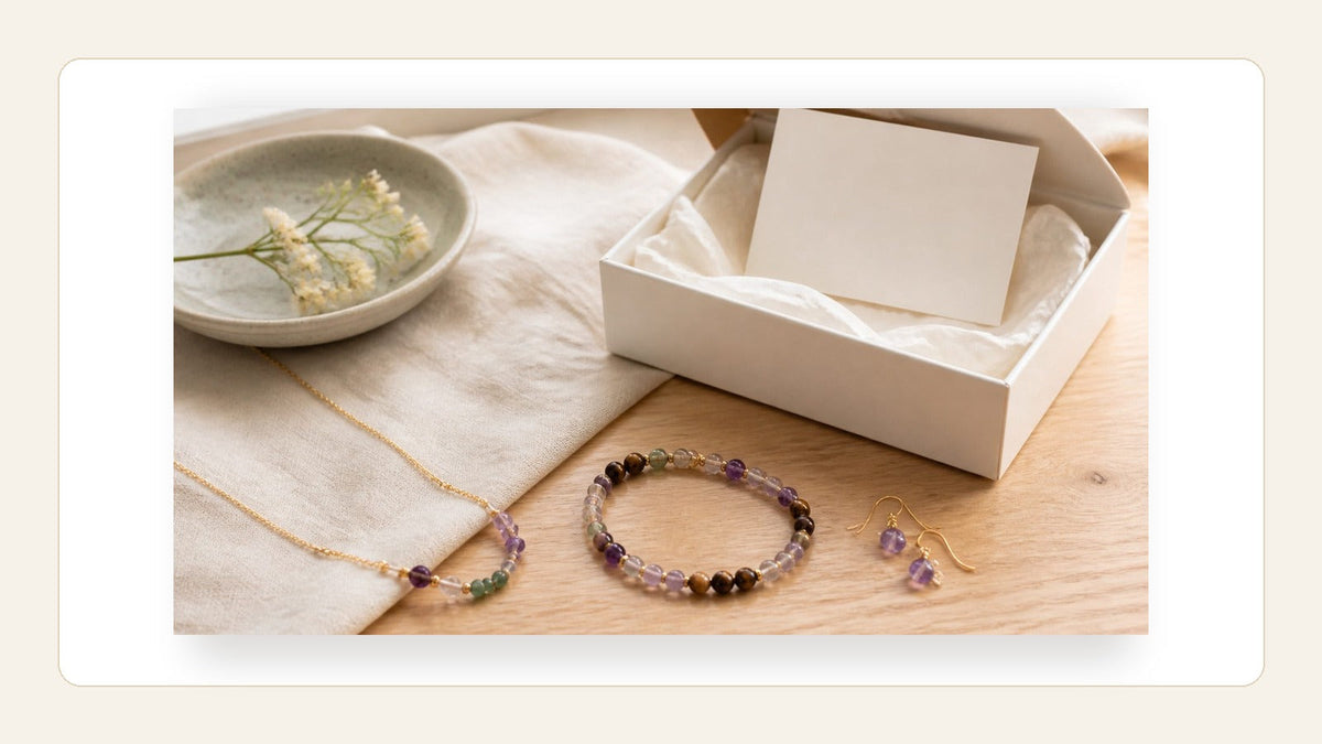Natural stone jewelry gift pieces arranged with a simple ribbon and card