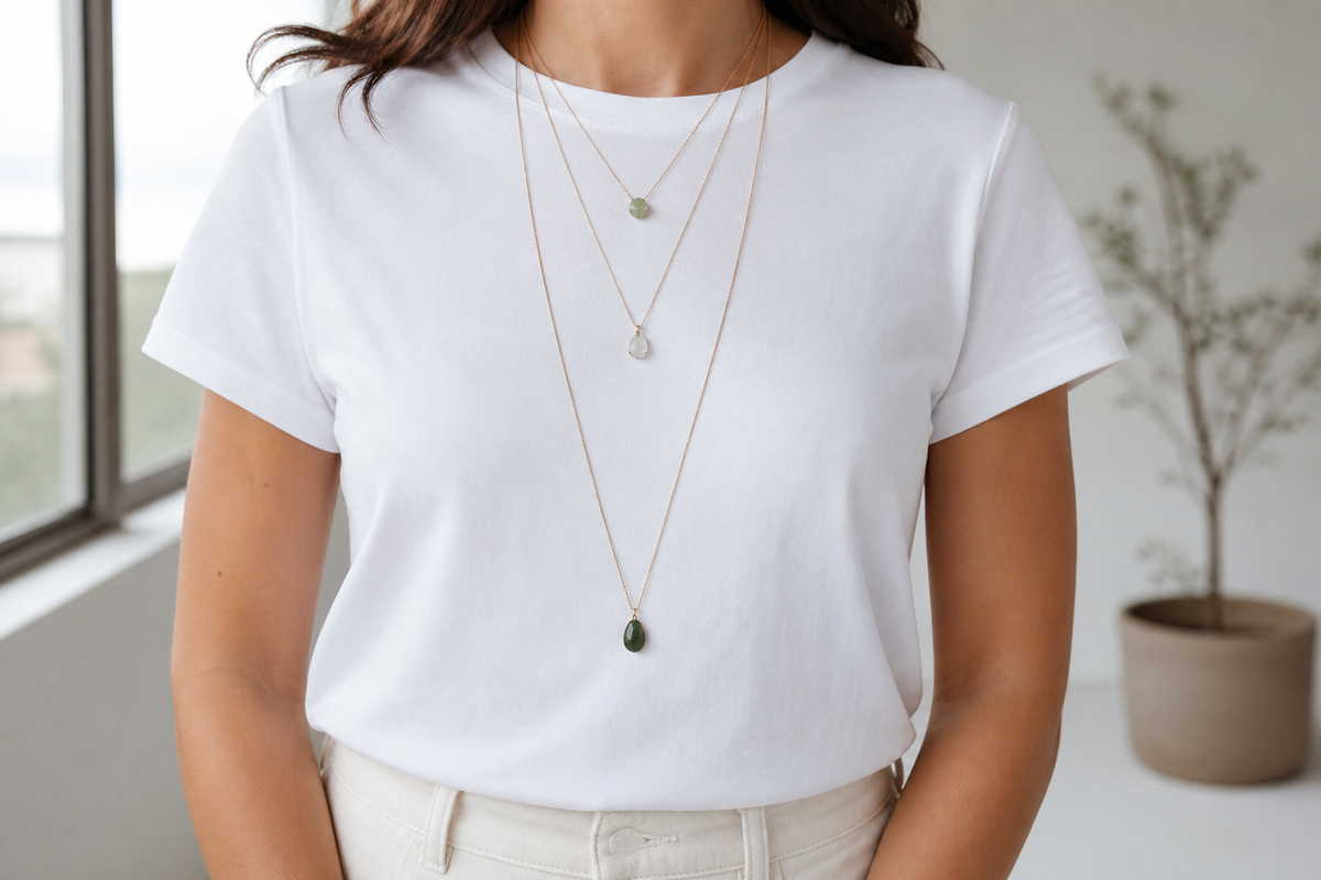 Three natural stone necklaces worn at different lengths over a white top