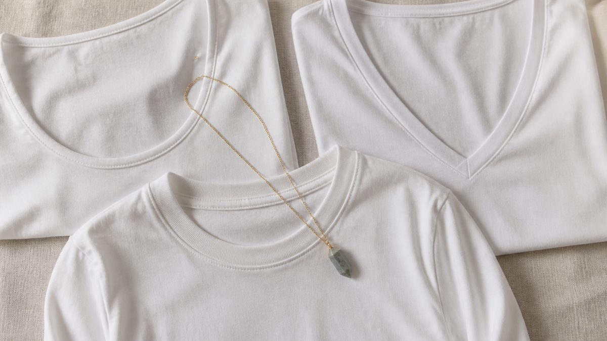 Natural stone pendant styled with different neutral necklines