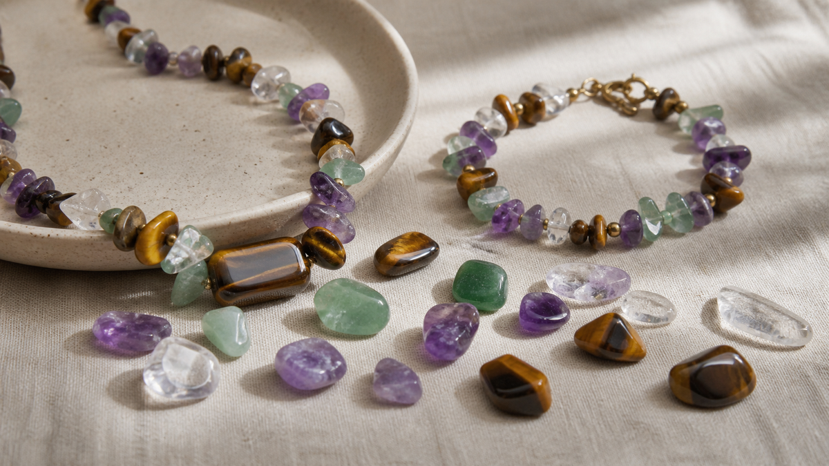 Natural stone beads and jewelry showing differences in color texture and shape